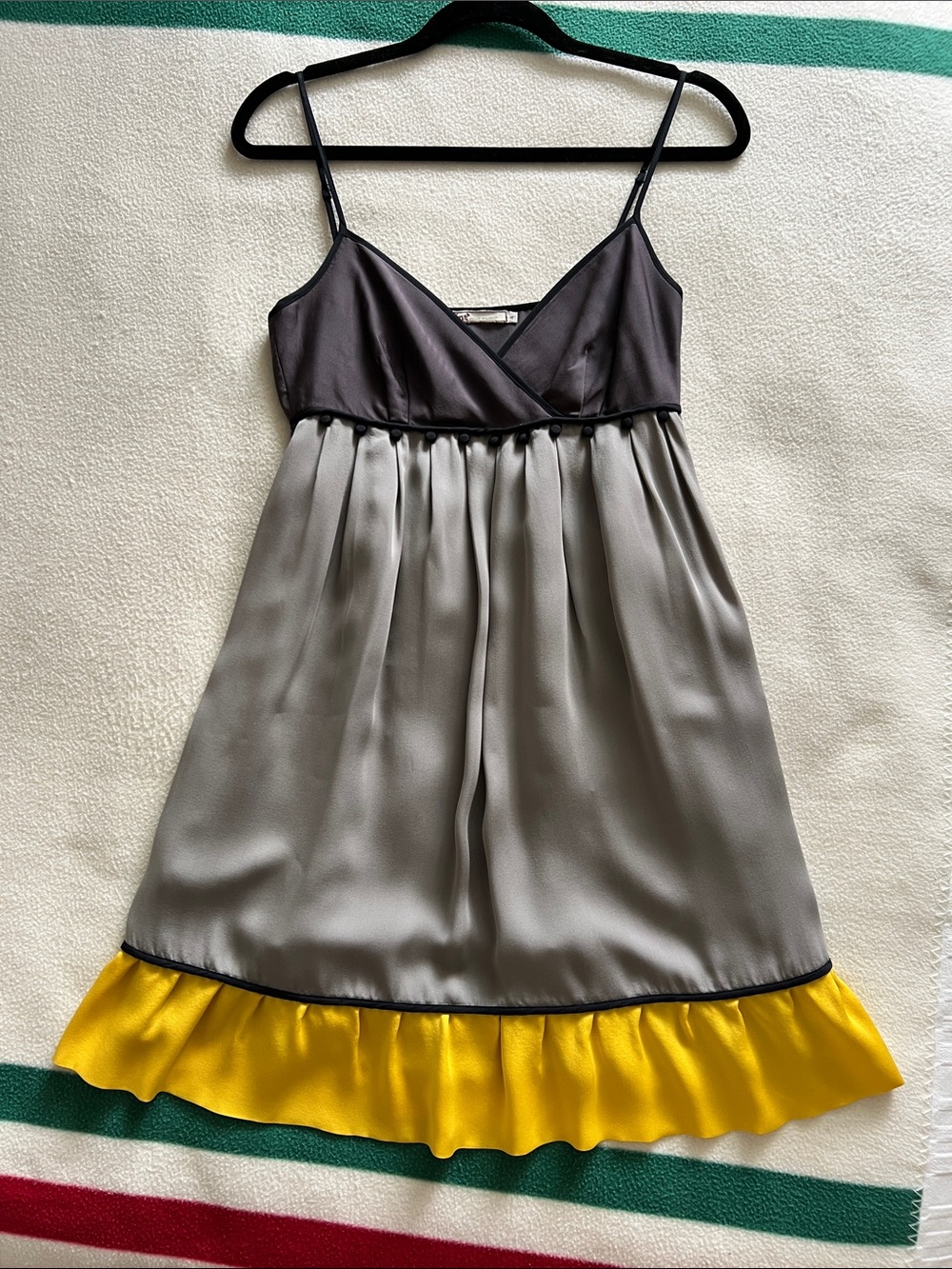 MINT ARNOLD GRAY & YELLOW SILK WITH POM POMS SLIP DRESS SIZE US 4 - Picture 5 of 12